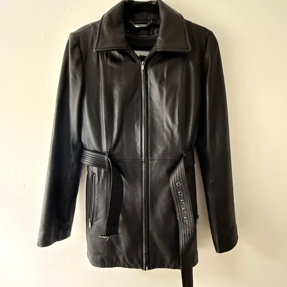 Wilson’s Black Leather Belted Jacket - Size M - Picture 10 of 16